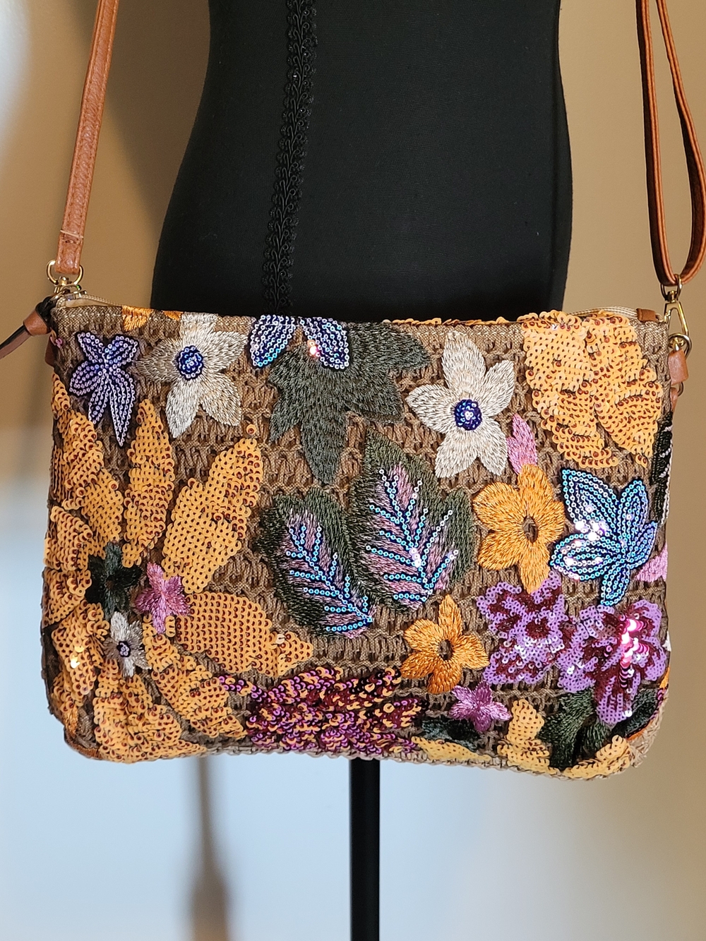 Artisan Boho Floral Sequin Embroidered Woven Crossbody Purse Leather Strap